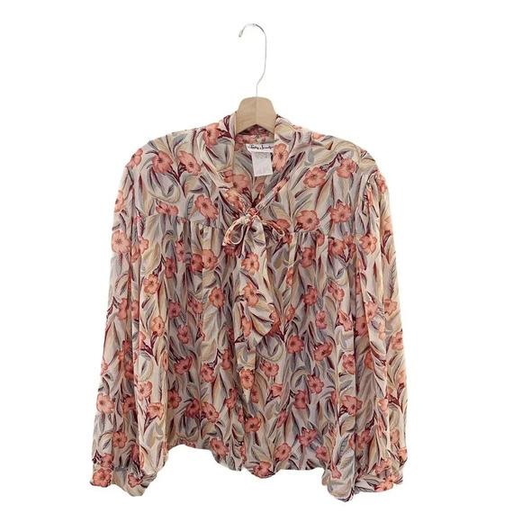 Vintage Lady Jennifer Ascot Bow Blouse Long Sleeve Floral Hawaiian - Picture 1 of 7